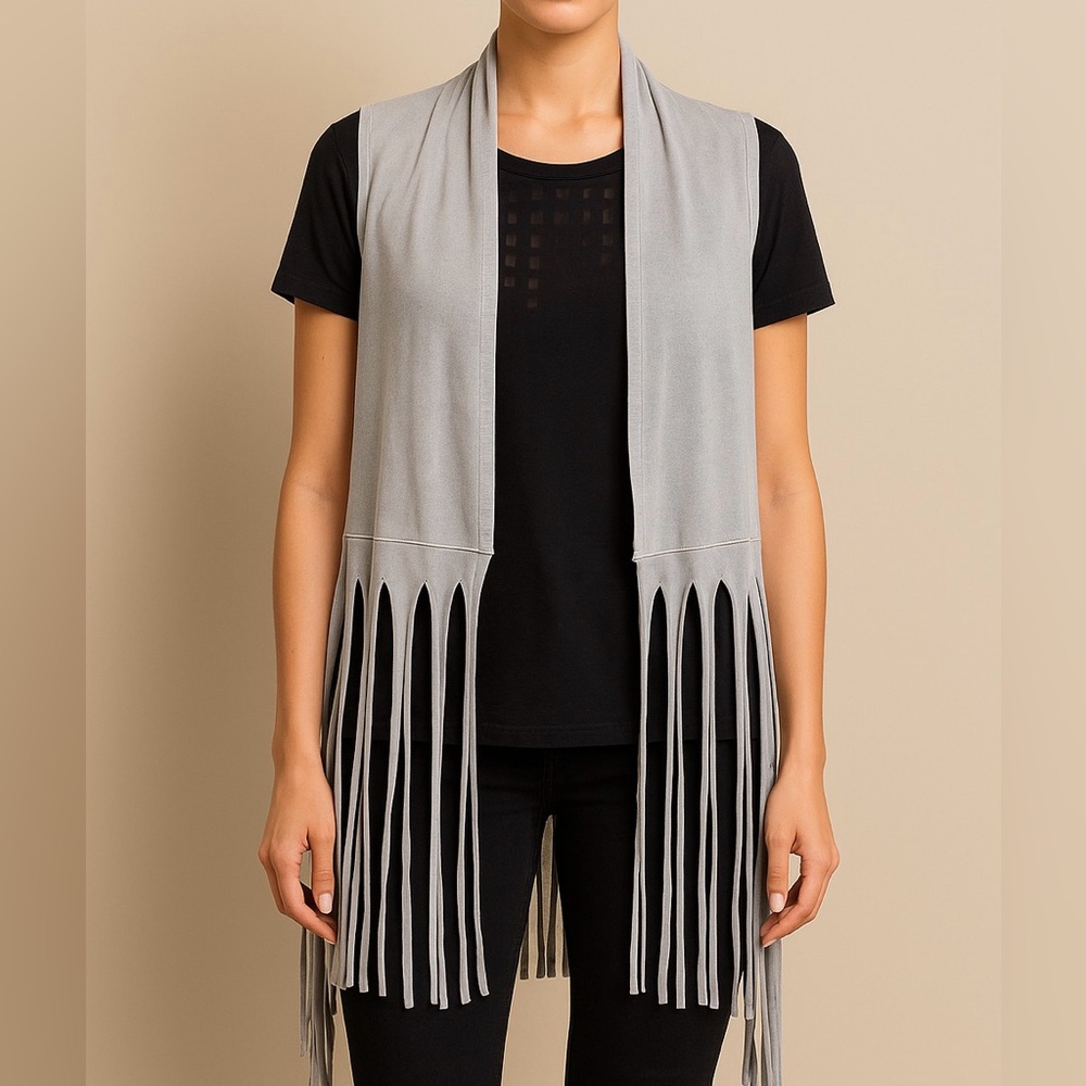 Catherine Lillywhite’s Made in Italy Gray Fringe Vest Open Front Boho Style